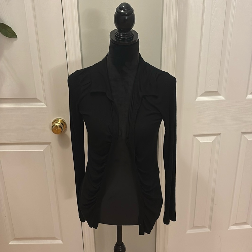 NWOT Michael Stars Ribbed Ruched Collared Black Stretch Cardigan- Size S